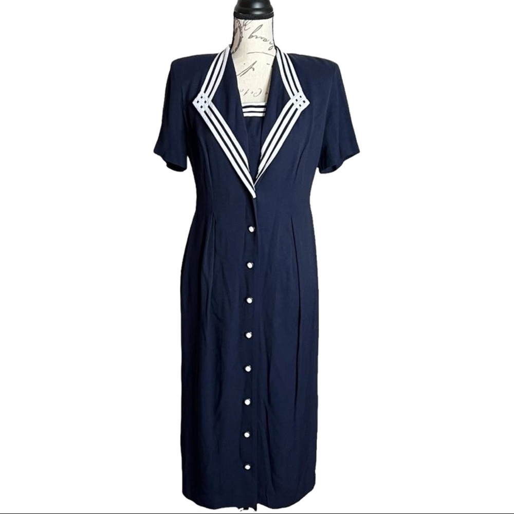 Vintage 90s S.L. Fashions Nautical Navy Blue Sailor Collar Midi Dress